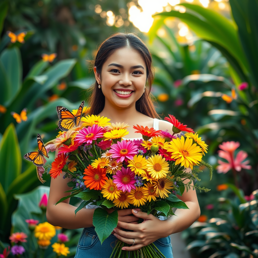 Generate a vibrant outdoor portrait of a smiling woman holding a bouquet of colorful flowers in a lush garden filled with tropical plants and whimsical butterflies, using a Canon EOS R5 with a 50mm f/1.2 lens, aperture set to f/1.8, shutter speed 1/200s, ISO 100, in soft natural light during golden hour.