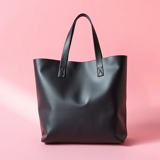 A sleek black tote bag positioned at an angle on a soft pink background, captured with a Canon EOS R5 at f/8, ISO 100, 50mm lens, natural lighting for enhanced texture and detail.