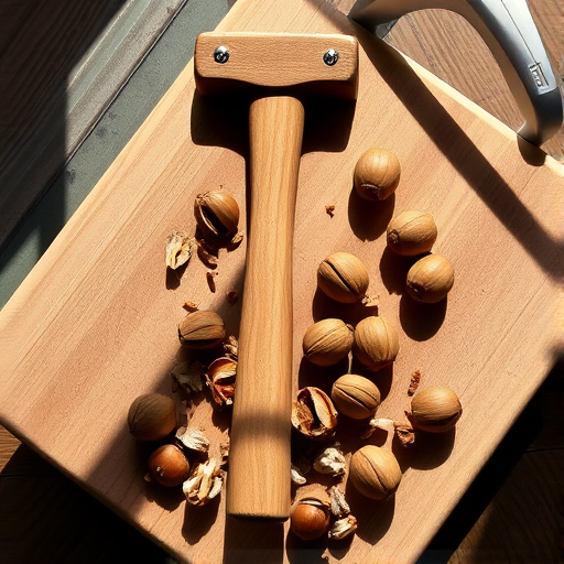 Still life composition of a wooden hammer resting on a cutting board with broken walnut shells and whole hazelnuts scattered around, natural sunlight casting soft shadows, camera settings: ISO 100, aperture f/4, shutter speed 1/125, focal length 50mm, camera view from above at a 45-degree angle, using a DSLR camera with a macro lens for enhanced detail and clarity.
