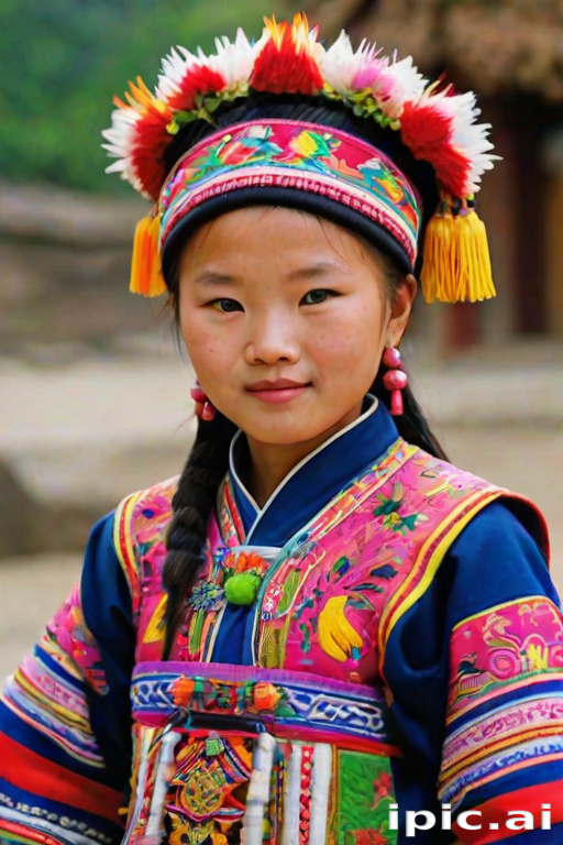 A beautiful Miao girl, wearing colorful bird clothing with vibrant colors