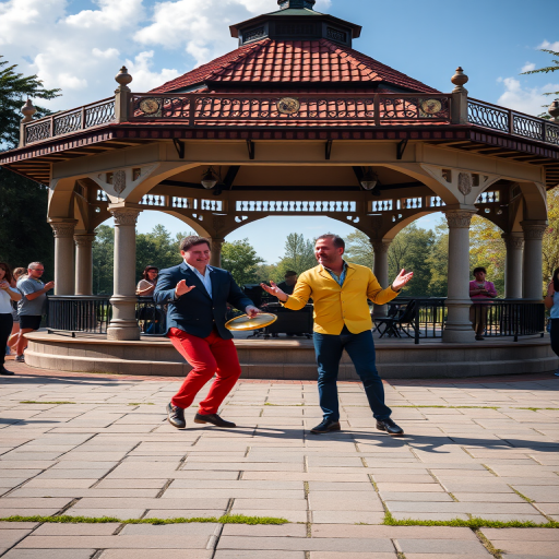 Capture a vibrant outdoor performance scene with two jugglers in motion, set against a historical gazebo backdrop, using a Canon EOS R5 camera, 35mm lens, aperture f/2.8, ISO 100, shutter speed 1/500s, natural lighting, and a wide-angle view to enhance depth and detail in the image.