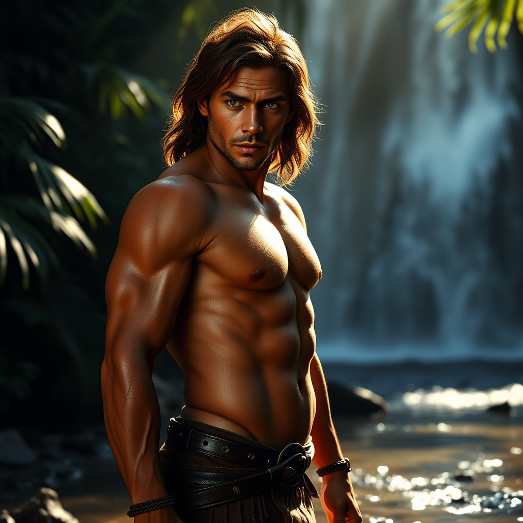ultra-realistic and very detailed image, high resolution and definition of Tarzan. he is looking towards the camera, in a majestic pose. haughty air. Elegant, toned body. he's standing by a stream in the jungle. the sunlight filtered through the trees falls on Tarzan's body. the background is a dark, out-of-focus image of a waterfall. Create contrasts of light and shadows and textures for realism