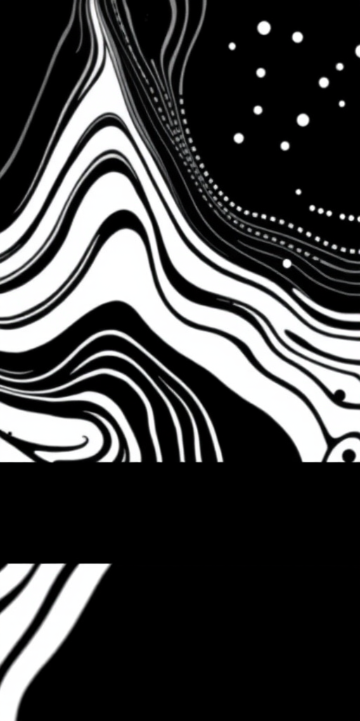 Generate a high-resolution image of an abstract black and white pattern with wavy lines and dots, featuring a solid black ribbon at the bottom, captured with a DSLR camera, ISO 100, f/4, 50mm lens, soft focus background.
