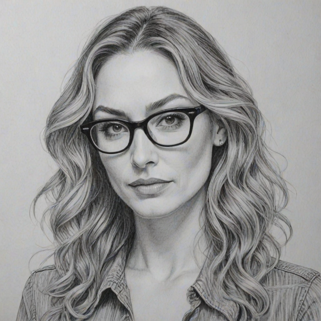 Captivating Drea de Matteo, pencil sketch, portrait of Captivating woman 1939s in glasses, hair style beatnik, outline, clear lines, fine lines, 8k