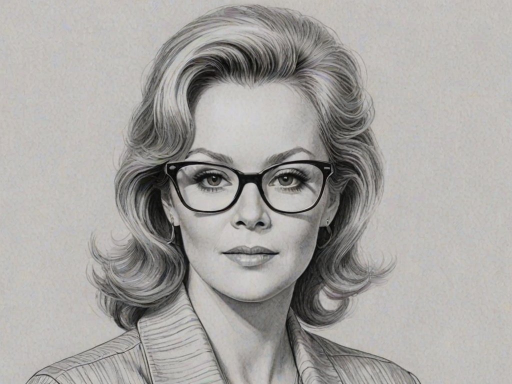 Attractive Jean Smart, pencil sketch, portrait of Exquisite woman 1960s in glasses, hair style beatnik, outline, clear lines, fine lines, 8k