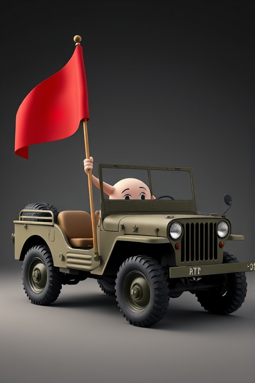 Create a 3D illustration of a cartoonish humanoid figure holding a red flag beside a vintage military-style jeep, using a 50mm lens, f/2.8 aperture, ISO 100, with a shallow depth of field for a clean background, in a well-lit studio setting for enhanced details and vibrant colors.
