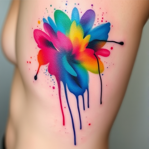 Vibrant watercolor splash tattoo named "Chromatic Cascade" featuring a burst of rainbow hues blending seamlessly into each other creating an abstract masterpiece on the skin with fluid brushstrokes and delicate splatters giving the illusion of paint dripping down the body incorporating subtle white highlights to enhance depth and dimension while maintaining a soft ethereal quality that appears to float weightlessly on the surface