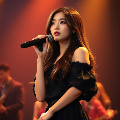 A young korean woman with long, flowing brown hair is standing in the center of the frame, holding a microphone in her right hand, and looking slightly off to the right side of the frame. She is wearing a black, off-the-shoulder dress with delicate lace detailing. The lighting is warm and dramatic, creating a spotlight effect on the singer. There are other figures in the background, blurred and out of focus, suggesting a concert or performance setting. The camera angle is low, capturing the woman from the waist up. The overall atmosphere is intimate and captivating.