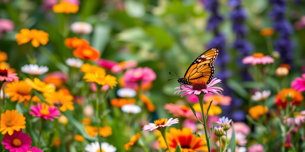 Generate an image of a vibrant garden filled with colorful flowers and greenery. Include a butterfly gracefully hovering near the blossoms, capturing the essence of a peaceful and lively natural setting. The background should be slightly blurred to emphasize the beauty of the flowers and the butterfly.