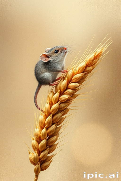 Soft, muted Alcohol Ink with ebru effect background image of tiny whimsical mousey, who climbed high on the top of a golden rye ear.