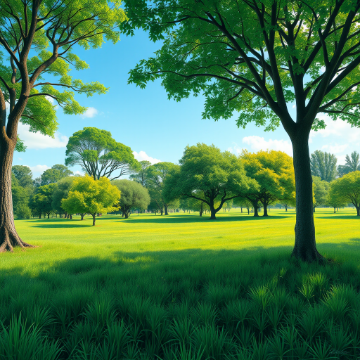 Create a vibrant digital illustration of a lush green landscape featuring various trees and a soft blue sky, captured in a wide-angle view with a Canon EOS 90D, ISO 100, f/8, 1/125s for enhanced detail and depth.