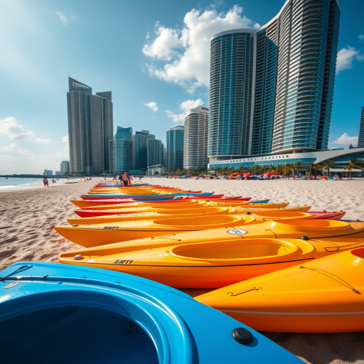Capture a vibrant seaside scene with colorful kayaks lined up on a sandy beach, modern skyscrapers in the background, shot with a Canon EOS R5, 35mm lens, aperture f/8, ISO 100, shutter speed 1/250s, natural light, wide-angle view for depth and clarity.