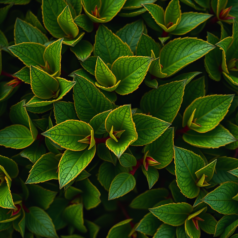Close-up of lush green foliage with detailed textures and vibrant colors, taken with a Canon EOS R5, 50mm f/1.2 lens, f/2.8 aperture, ISO 100, 1/250 sec shutter speed, natural light, top-down perspective for enhanced depth and clarity.