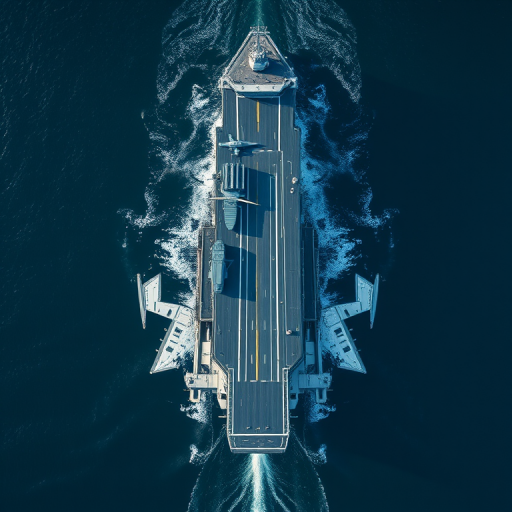 Generate a high-resolution illustration of an aircraft carrier from a top-down view, using a DSLR camera with a 50mm lens at f/8, ISO 200, shoot in RAW format for enhanced detail and clarity.