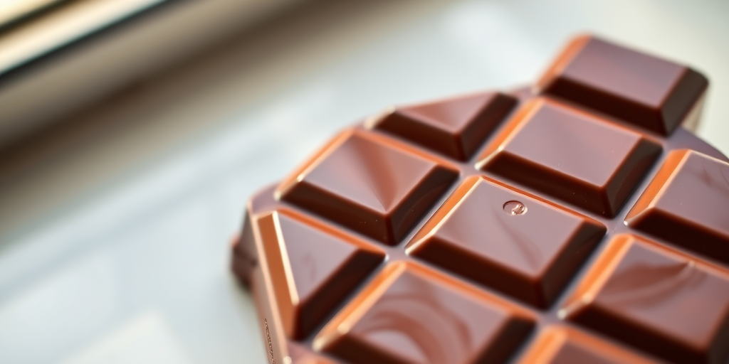 A high-resolution image of a chocolate bar with a glossy finish, shot at f/2.8 aperture, 50mm lens, ISO 100, soft natural lighting from a window, top-down view, macro photography style.