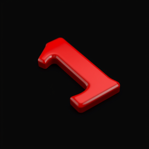 Create a high-resolution image of a glossy red number one on a plain black background using a DSLR camera, 50mm lens, f/1.8 aperture, ISO 100, with a shallow depth of field and soft lighting to enhance reflections.