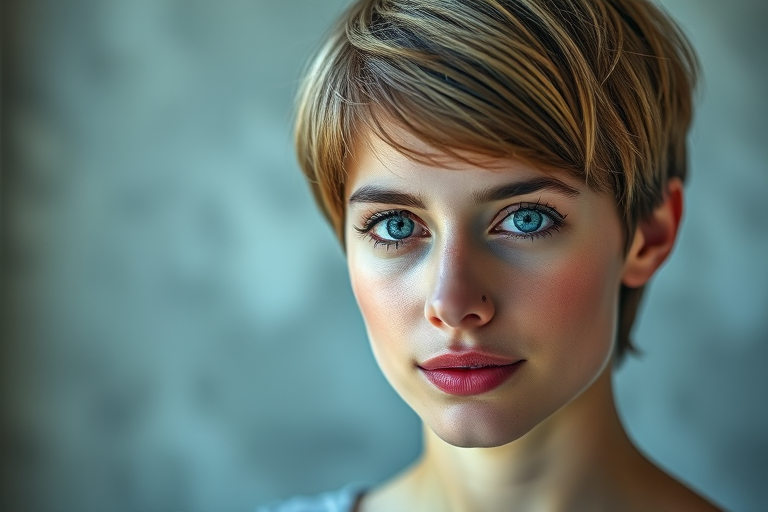 portrait of a young woman with short hair and striking blue eyes, natural light, shallow depth of field, 50mm lens, f/1.8 aperture, ISO 200, soft focus background