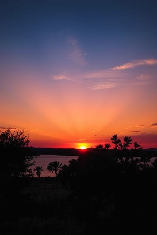 a vibrant sunset over a tranquil lake with silhouettes of trees in the foreground, captured using a DSLR camera with a 50mm lens, aperture f/1.8, ISO 100, shutter speed 1/200s, in landscape orientation for enhanced depth and clarity