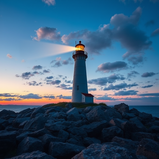 Create a digital illustration of a lighthouse on a rocky shore at dusk with a deep blue sky and scattered clouds, using a Canon EOS R5 with a 24-70mm lens, aperture f/8, ISO 100, shoot in landscape orientation for enhanced image quality.
