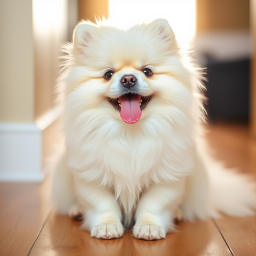 A fluffy white Pomeranian dog sits on a wooden floor, looking directly at the viewer with a playful expression and tongue sticking out. The dog's fur is incredibly soft and fluffy, illuminated by warm, natural lighting. The background is blurred and out of focus, emphasizing the dog's soft features and playful demeanor.  The composition is simple and centered, focusing entirely on the dog.  The image evokes a sense of joy and innocence.