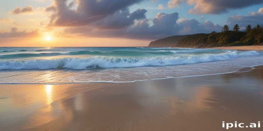 Tranquil Sunset Over Serene Beach with Gentle Waves and Lush Coastline