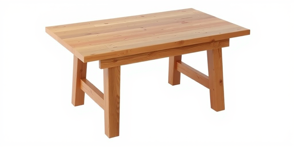Create a high-quality image of a wooden table with a simple design, using a DSLR camera with a 50mm lens, aperture f/2.8, ISO 100, natural lighting, shot at a slightly elevated angle to emphasize the table's structure, with a plain white background for contrast.