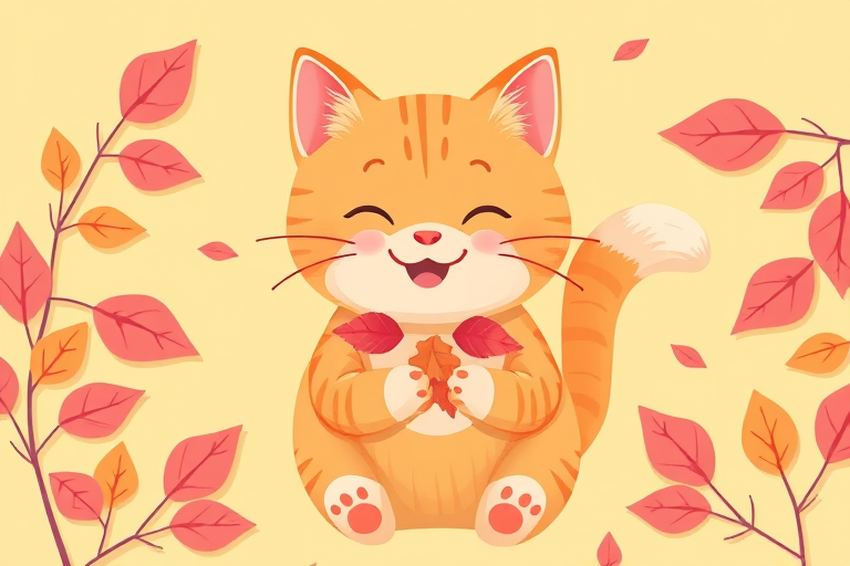 Create a whimsical illustration of a happy cat with a light orange color, playful expression, holding leaves with its paws, surrounded by pink and orange autumn leaves on a soft yellow background, using a digital illustration style, enhanced with bright colors and smooth lines, capturing a top-down view, simulating a high-resolution camera setting at 50mm focal length, f/2.8 aperture for depth of field, with a slight vignette for emphasis on the cat.