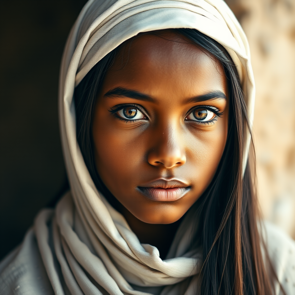 Create a portrait of a young Nubian female with long, dark hair and captivating hazel eyes. She is wearing a white headscarf and a matching scarf draped gracefully around her neck. The background is softly blurred, focusing attention on her serene and natural expression. The overall color palette is muted and warm, enhancing the intimate and authentic feel of the portrait.