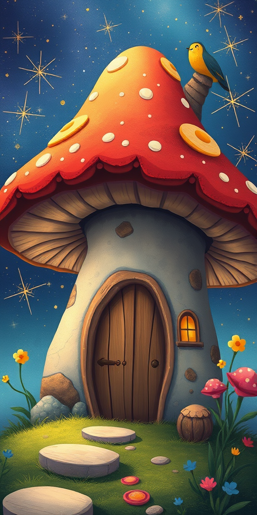generate illustration of a mushroom house with a door and a window, a storybook , fantasy art, mushroom house, bg starry sky, sparkles