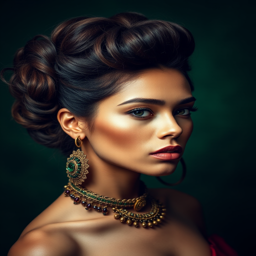 portrait of a woman with intricate hairstyles and statement accessories, dramatic lighting, rich green backdrop, soft-focus effect, camera settings: f/1.8, ISO 100, shutter speed 1/125s, camera view: close-up, camera style: fashion photography, camera type: DSLR
