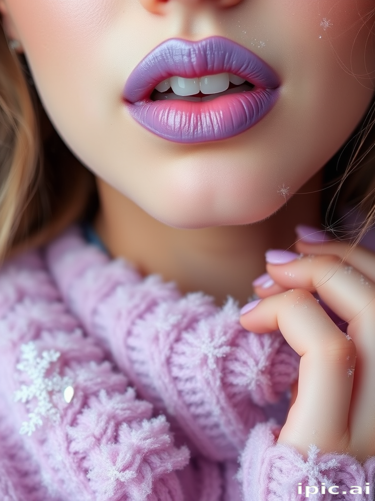 Frosted lilac lips dubbed "Whimsical Frost" combine a soft purple base with a cool, icy sheen, ideal for fairy-tale inspired looks and winter wonderland themes