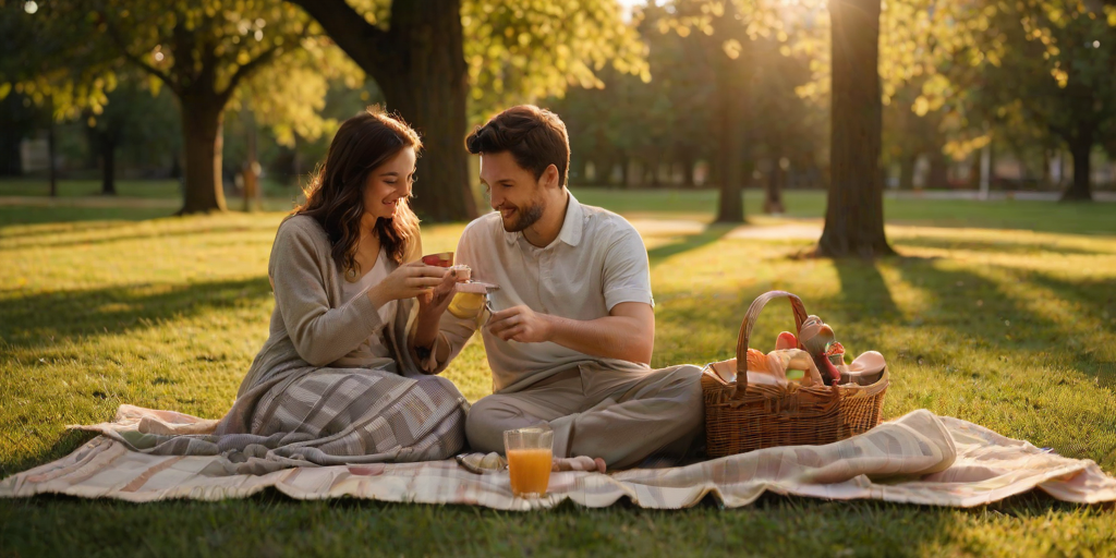 Warmly lit photo of a couple sharing a picnic in a park at dusk, soft golden light from the setting sun casting long shadows on the grass, with a wicker basket and blanket scattered with food and drinks nearby.
