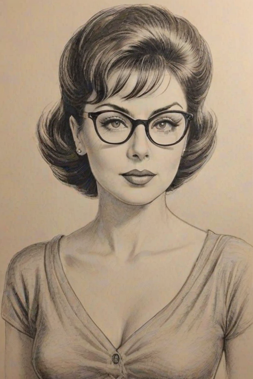 Fascinating Elvira Lind, pencil sketch, portrait of Attractive woman 1954s in glasses, hair style beatnik, outline, clear lines, fine lines, 8k