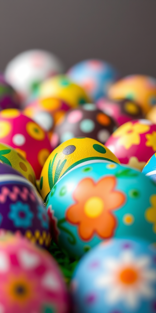 colorful decorated Easter eggs in a row, vibrant colors and patterns, high-resolution, 50mm lens, f/2.8 aperture, soft natural lighting, shot from eye level, digital camera
