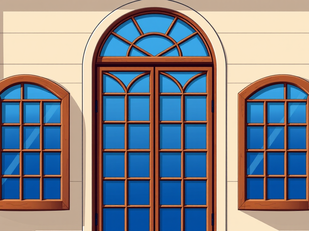 Create a detailed vector illustration of an arched window with wooden frames and multiple panes, showcasing a gradient blue reflection in the glass, using a high-resolution digital art style, 300 DPI, with a focus on symmetry and light reflection, captured from a straight-on view.