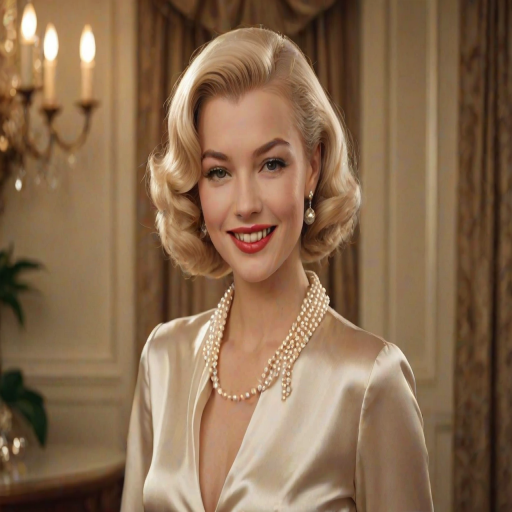 A beautiful woman reminiscent of 1950s Hollywood glamour, with perfectly styled blonde hair and a seductive smile, dressed in a satin blouse and adorned with pearls, soft and warm tones, photorealistic, 8K