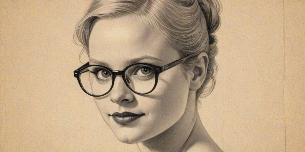 Charming Lauren Potter, pencil sketch, portrait of Ravishing woman 1928s in glasses, hair style beatnik, outline, clear lines, fine lines, 8k