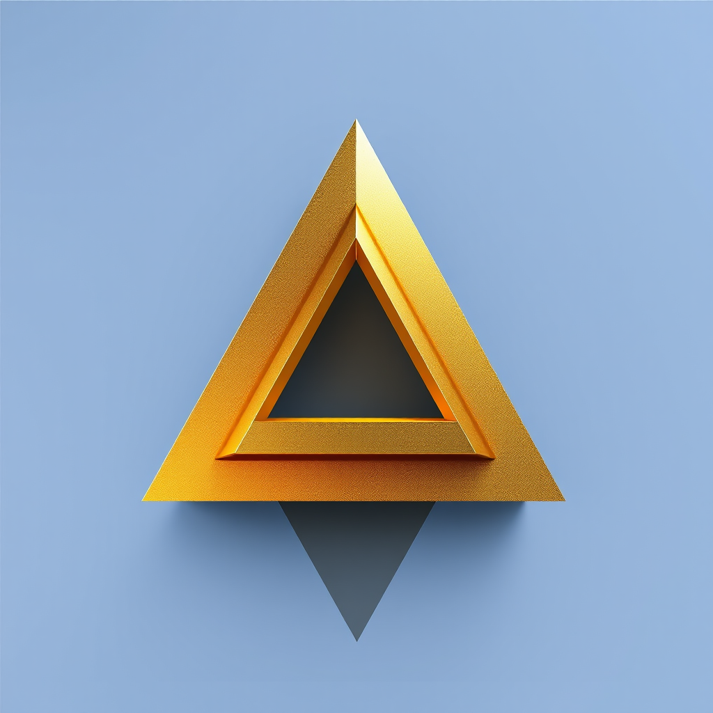 Create a 3D geometric design of a triangular shape featuring a gradient of gold and blue colors, captured with a DSLR camera at f/8 aperture, ISO 100, 1/60 sec shutter speed, using a wide-angle lens from a slightly elevated perspective for enhanced depth and clarity.