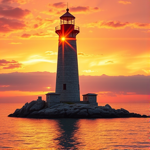 Generate an image of a tall lighthouse perched on a rocky outcrop surrounded by calm ocean waters during a breathtaking sunset. The lighthouse stands sturdy and weathered, its stone surface illuminated by the warm golden light of the setting sun. The sun's rays pass directly through the glass lantern room at the top of the lighthouse, casting a brilliant light across the scene. The sky is painted with vibrant shades of orange, pink, and purple, reflecting off the tranquil sea. The surrounding water shimmers with the same warm hues, creating a serene and majestic atmosphere.