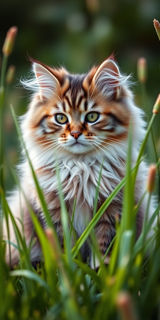 A detailed image of a fluffy cat sitting in tall green grass, captured with a Canon EOS 5D Mark IV, 50mm lens, aperture f/2.8, shutter speed 1/200s, ISO 100, in natural light, focusing on the cat with a slight bokeh effect in the background to enhance depth and quality.