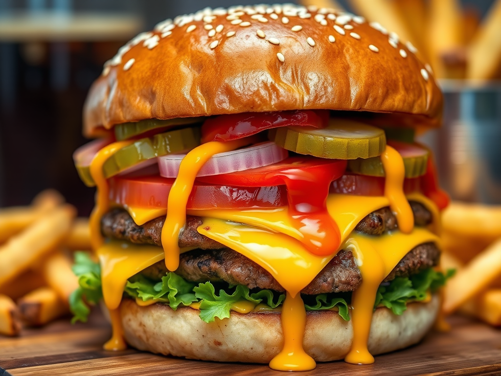 High-resolution, close-up image of a gourmet double cheeseburger. The burger features a glossy, sesame-seed-topped brioche bun. Inside, there are two thick, juicy beef patties, each topped with melted cheddar cheese. The burger is garnished with fresh lettuce, tomato slices, diced onions, and pickles. A generous amount of ketchup and a creamy, orange-colored sauce is dripping down the sides, adding to the mouth-watering appeal. In the background, there are blurred elements including a side of golden French fries and a hint of a beverage, enhancing the overall presentation of a delicious meal.