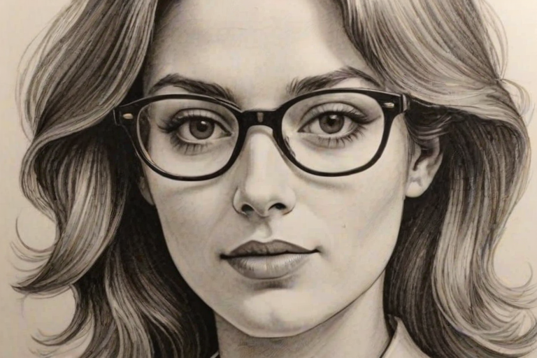 Superb Mariana Trevi'o, pencil sketch, portrait of Fascinating woman 1972s in glasses, hair style beatnik, outline, clear lines, fine lines, 8k