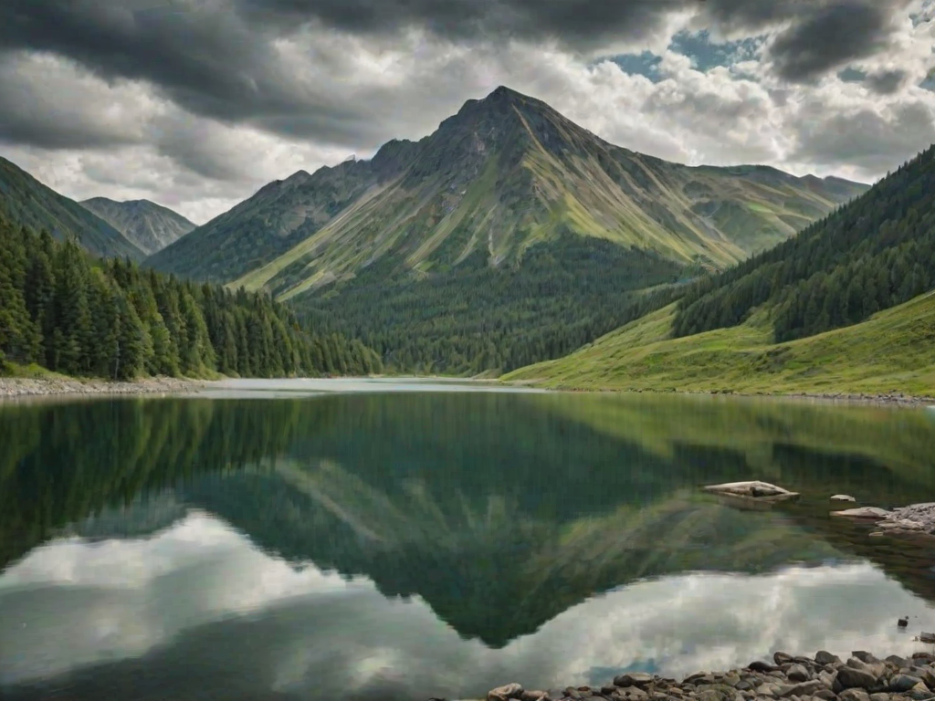 Generate an image of a serene mountain landscape featuring a calm lake surrounded by lush green hills and rocky shores under a cloudy sky.
