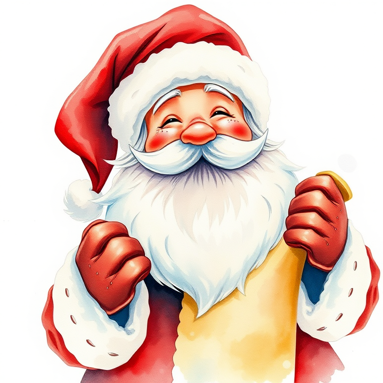 Create a vintage-style illustration of a cheerful Santa Claus with a scroll, using soft watercolors, focus on bright colors, 50mm lens, f/2.8 aperture, ISO 100, natural lighting, slightly overhead view, photography style with a whimsical touch.