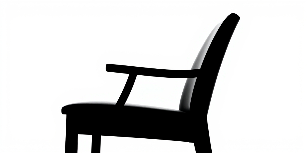 Generate a high-resolution image of a minimalist black silhouette of a chair against a white background using a DSLR camera with a 50mm lens, aperture set to f/1.8, ISO 100, shutter speed 1/200s, captured from a low angle view for enhanced depth and clarity.