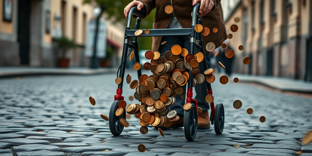 Create an image of an elderly person using a walker on a cobblestone street, merging seamlessly with a burst of various coins, captured with a DSLR camera at f/2.8, ISO 100, shutter speed 1/200s, in a close-up view with a shallow depth of field.