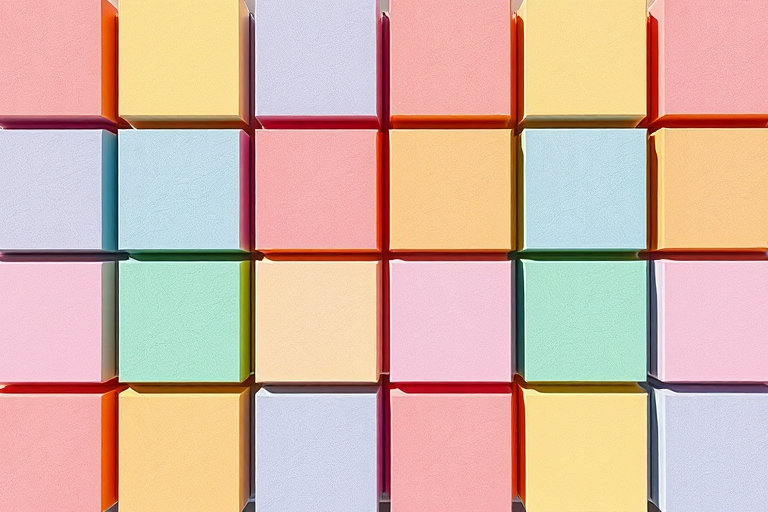 Create a colorful grid pattern with pastel squares in a repetitive design, taken with a Canon EOS R5, 50mm lens, f/8 aperture, ISO 100, in soft natural lighting to enhance clarity and detail.