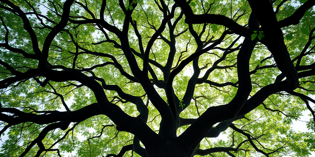 Create a high-resolution image of a stylized tree with intricate black branches and vibrant green leaves, shot from a low angle, using a DSLR camera at f/8 aperture, ISO 100, 50mm lens, and natural light for enhanced details and contrast.