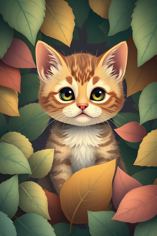 Illustration of a cute cat sitting among detailed leaves, digital illustration, 300 DPI, 16:9 aspect ratio, soft lighting, Canon EOS 5D Mark IV, f/2.8, ISO 100.