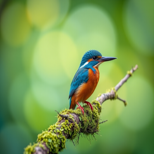 Create an ultra-detailed image of a kingfisher perched on a mossy branch with a soft-focus background of vibrant green and blue bokeh, using a Canon EOS 5D Mark IV camera, 85mm f/1.4 lens, aperture f/2.8, ISO 400, and shutter speed 1/200s to enhance sharpness and color vibrancy.